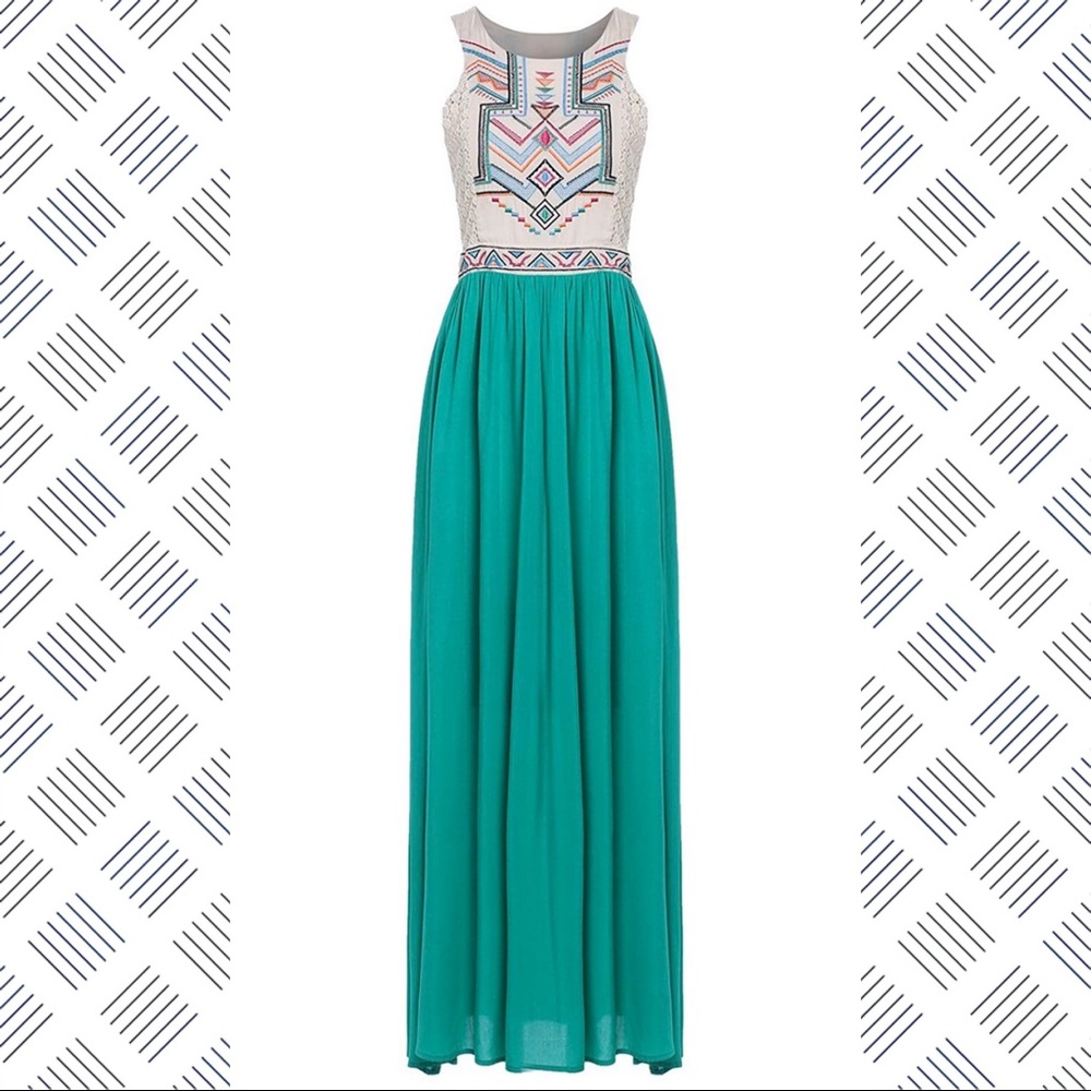 Aztec print maxi dress with crochet detail.